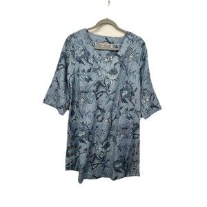 Soft Surroundings Positano Getaway Dress Blue Floral V-Neck Sz MP Buttons Resort